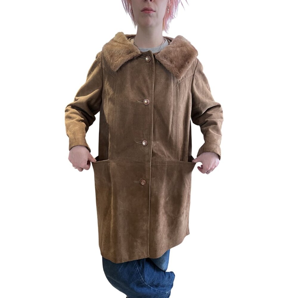 1960s Vintage Suede Coat With Mink Fur Collar Moonglow Buttons Satin Lining M - Picture 4 of 13